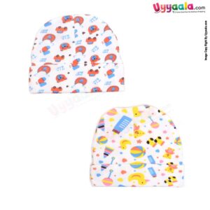 Fancy Round Cap for Babies with Stretchable Soft Hosiery Material with Print, pack of 2 0-6m Age- Multi Color