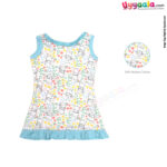 Sleeveless Baby Frock with Bloomer, Premium Quality Cotton Fabric, Bear & Leaves Print - Sky Blue