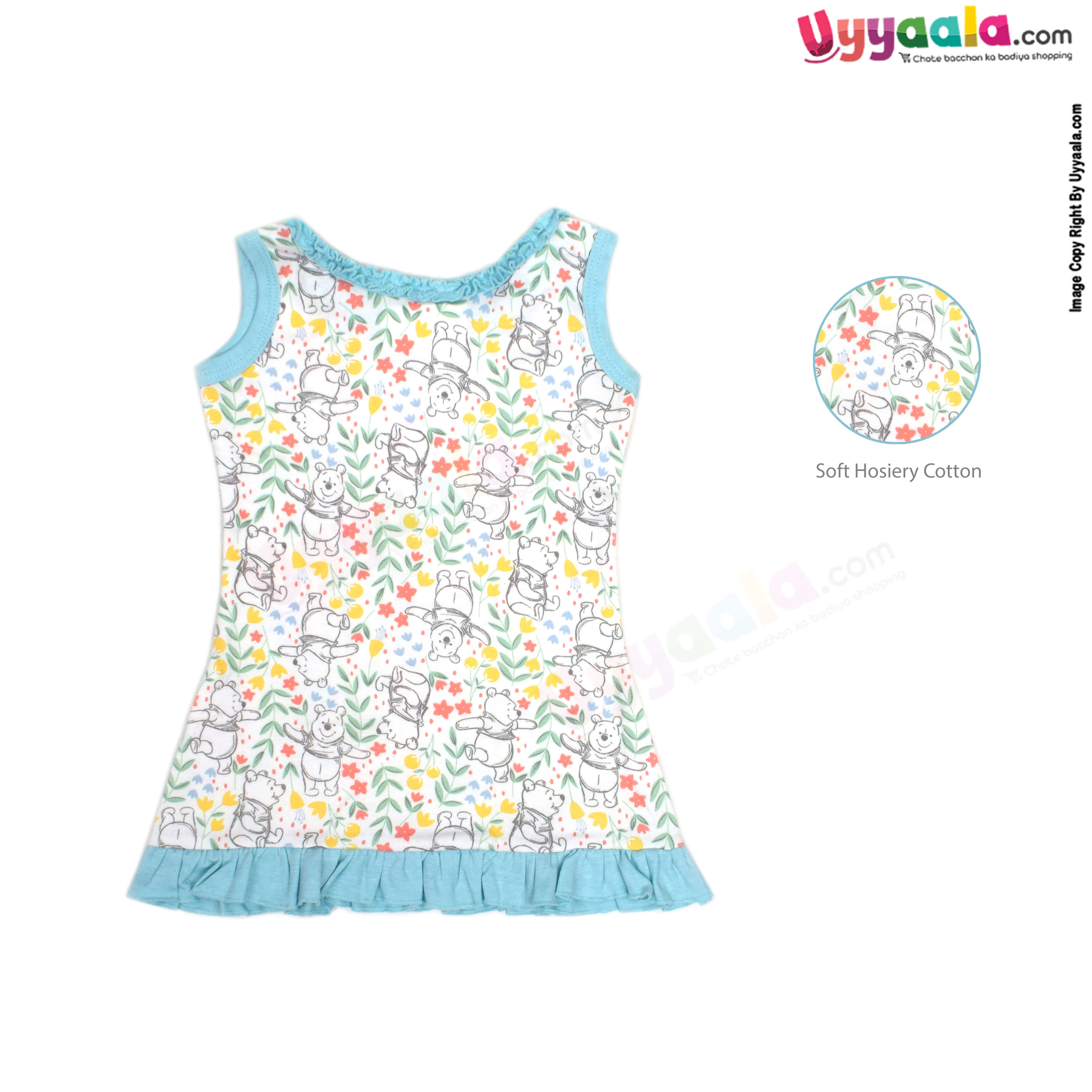 Sleeveless Baby Frock with Bloomer, Premium Quality Cotton Fabric, Bear & Leaves Print - Sky Blue