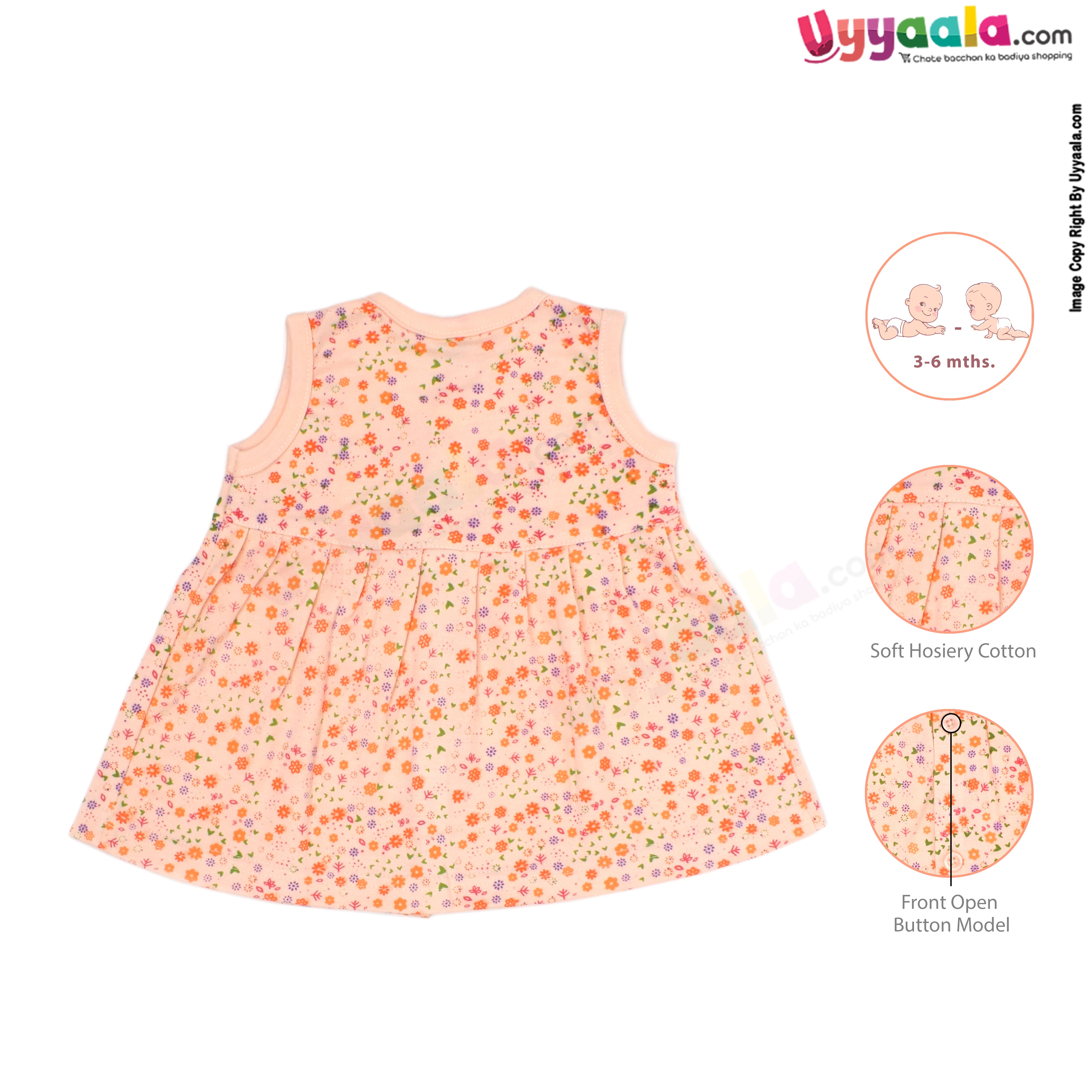 MOMMAS Sleeveless Baby Frock, Front Opening Button Model, Premium Quality Cotton Baby Wear, (3-6M)