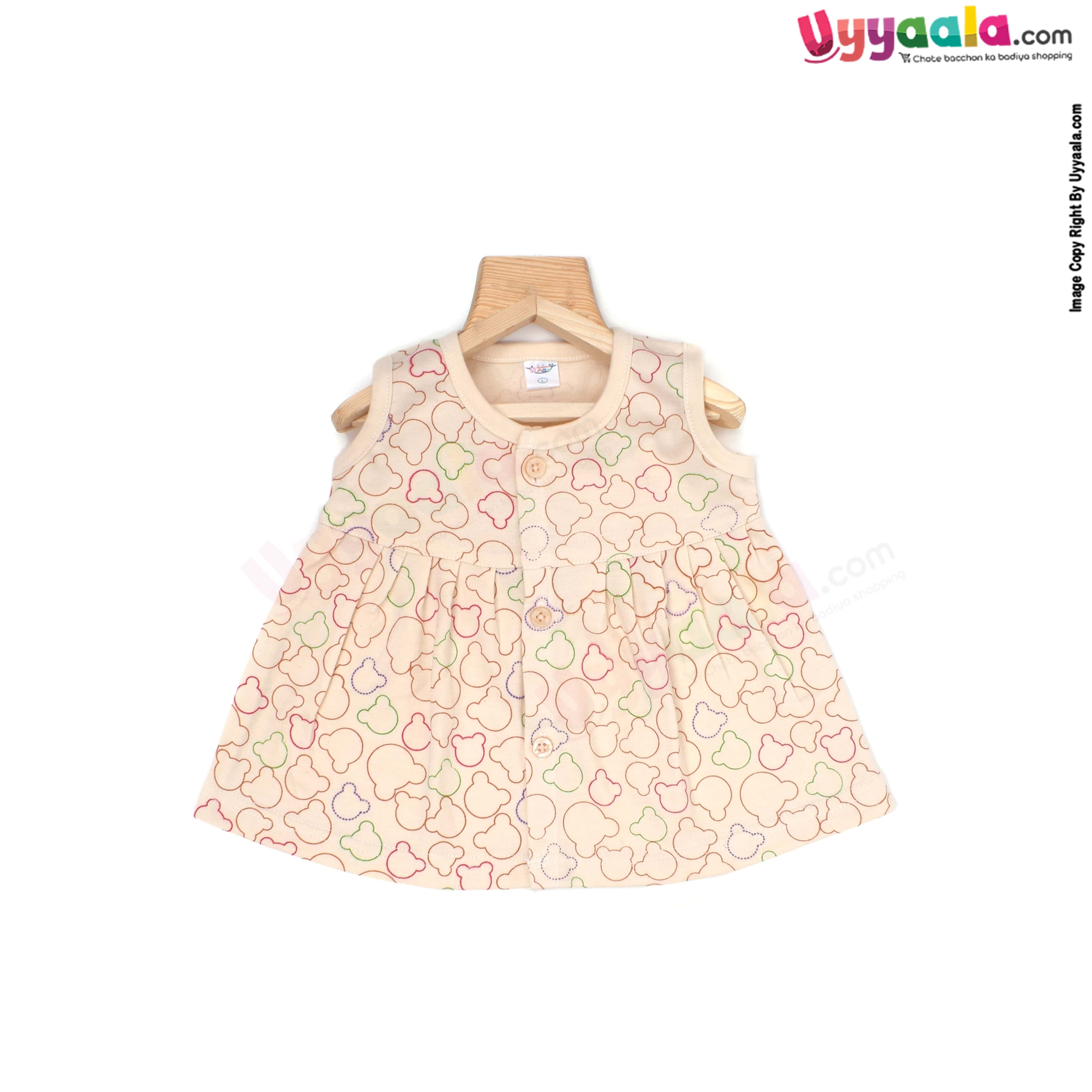 MOMMAS Sleeveless Baby Frock, Front Opening Button Model, Premium Quality Cotton Baby Wear, (3-6M)