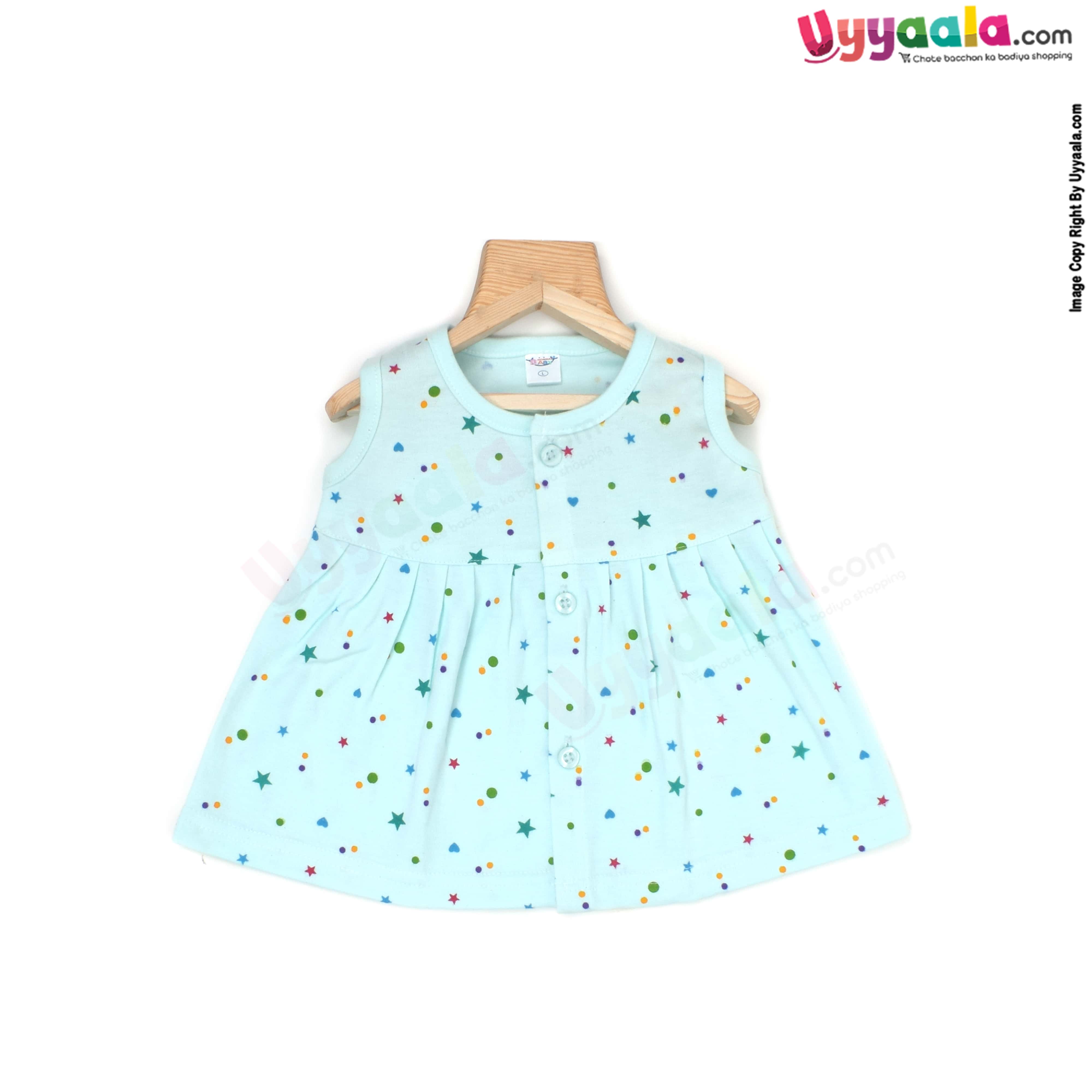 MOMMAS Sleeveless Baby Frock, Front Opening Button Model, Premium Quality Cotton Baby Wear, (3-6M)
