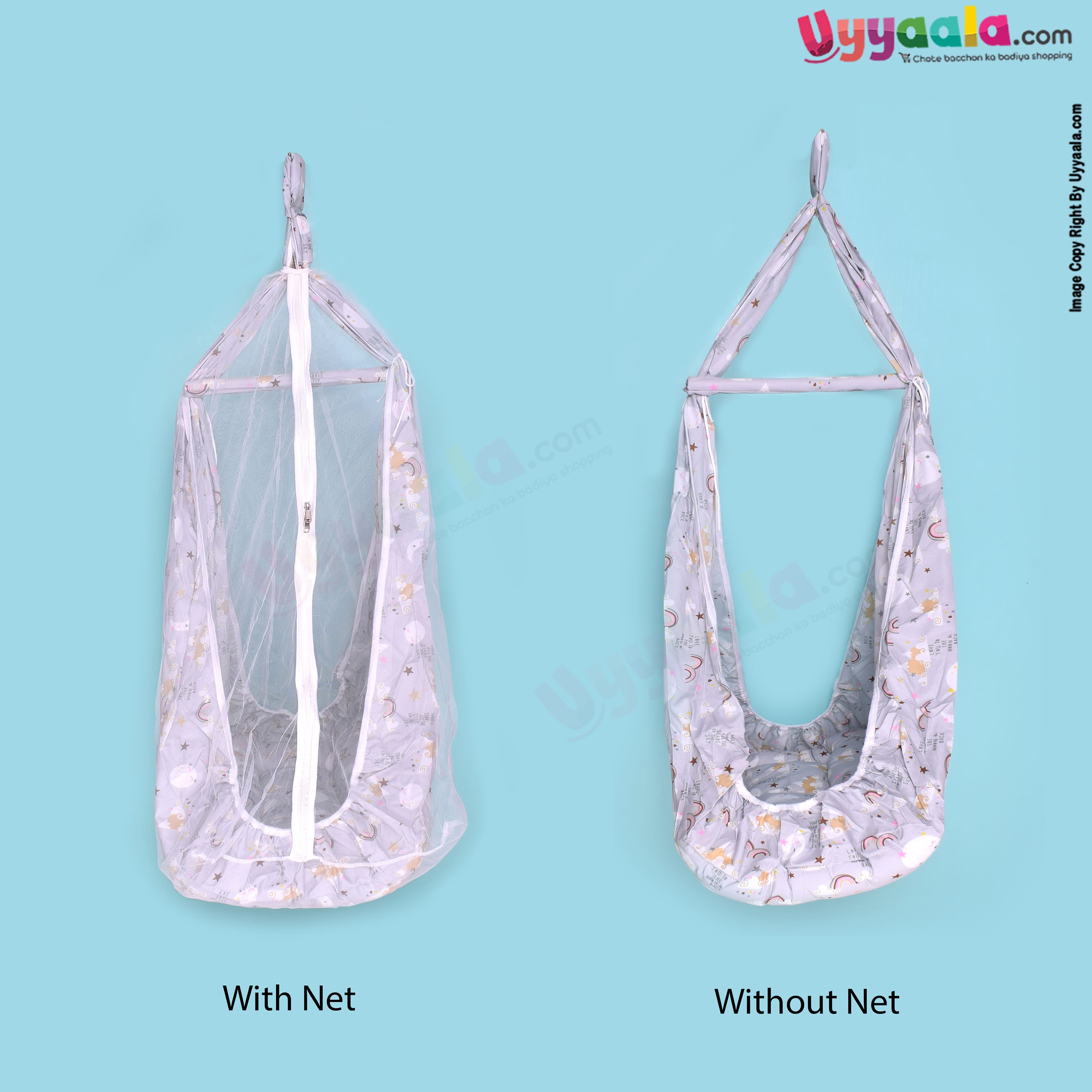 SNUG UP Baby Hanging cradle (Zola) Attached Bed With Mosquito Net Open Zip Model,Gray with Assorted Print, 0m+,  (up to 12 kgs)