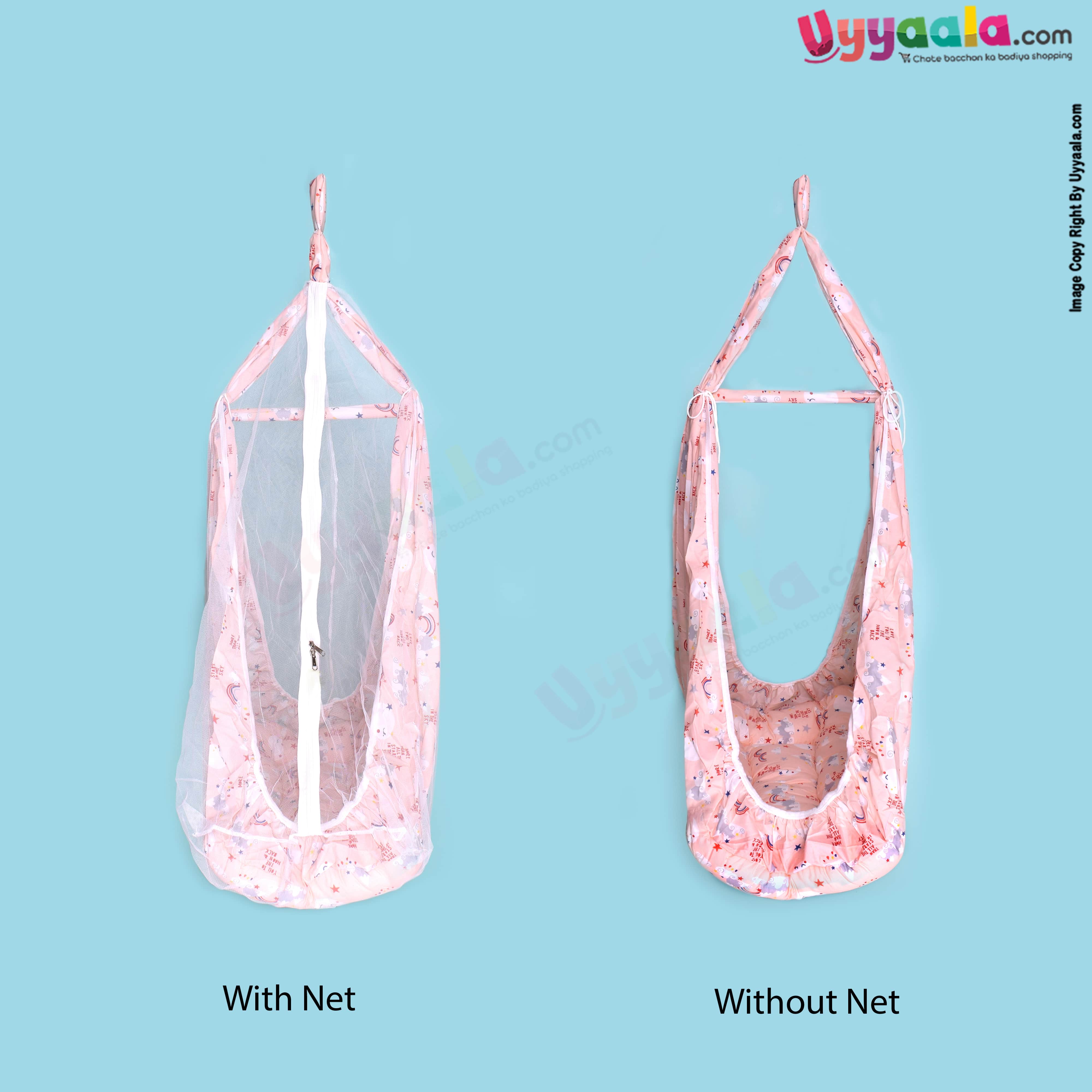 SNUG UP Baby Hanging cradle (Zola) Attached Bed With Mosquito Net Open Zip Model,Gray with Assorted Print, 0m+, (up to 12 kgs)