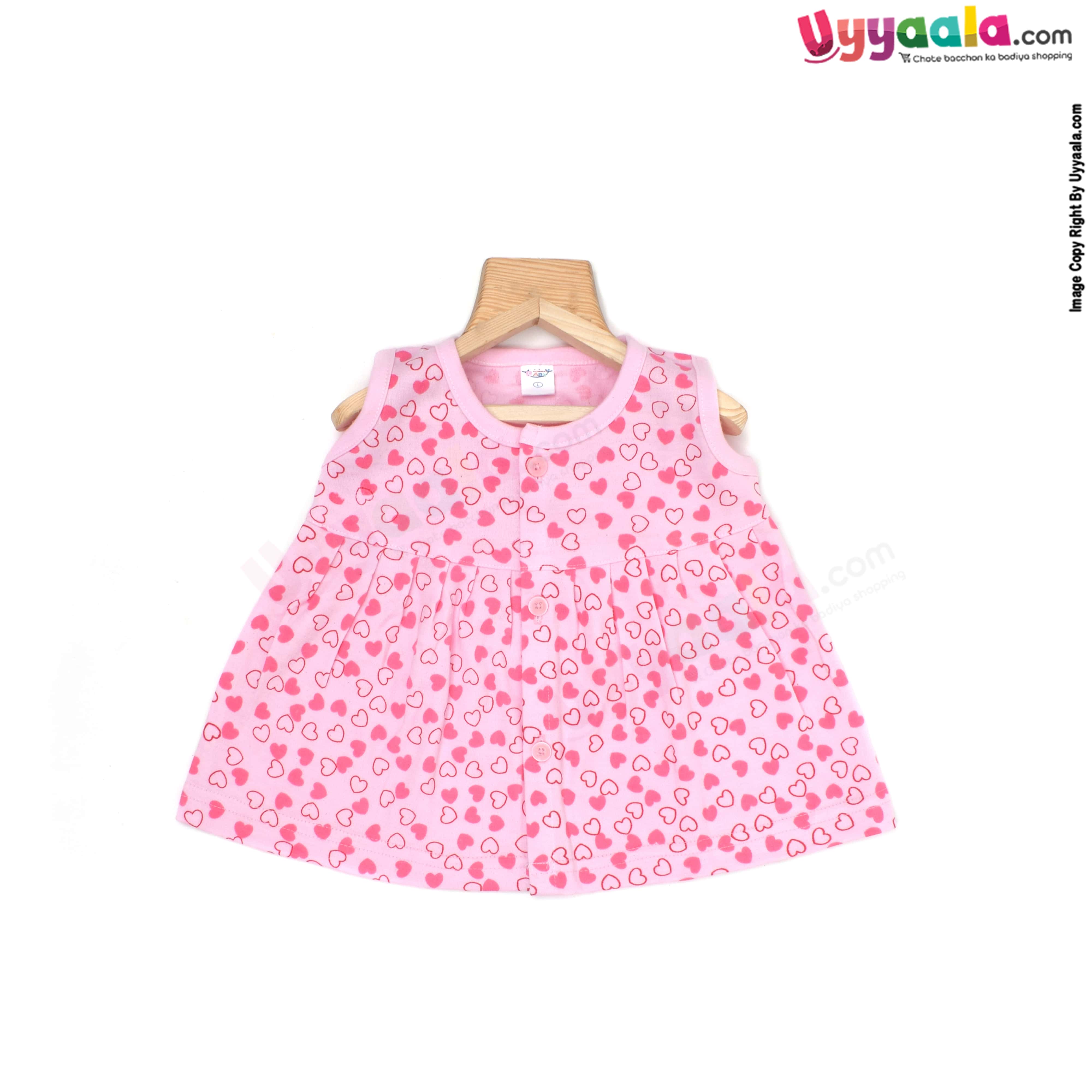 MOMMAS Sleeveless Baby Frock, Front Opening Button Model, Premium Quality Cotton Baby Wear, (3-6M)