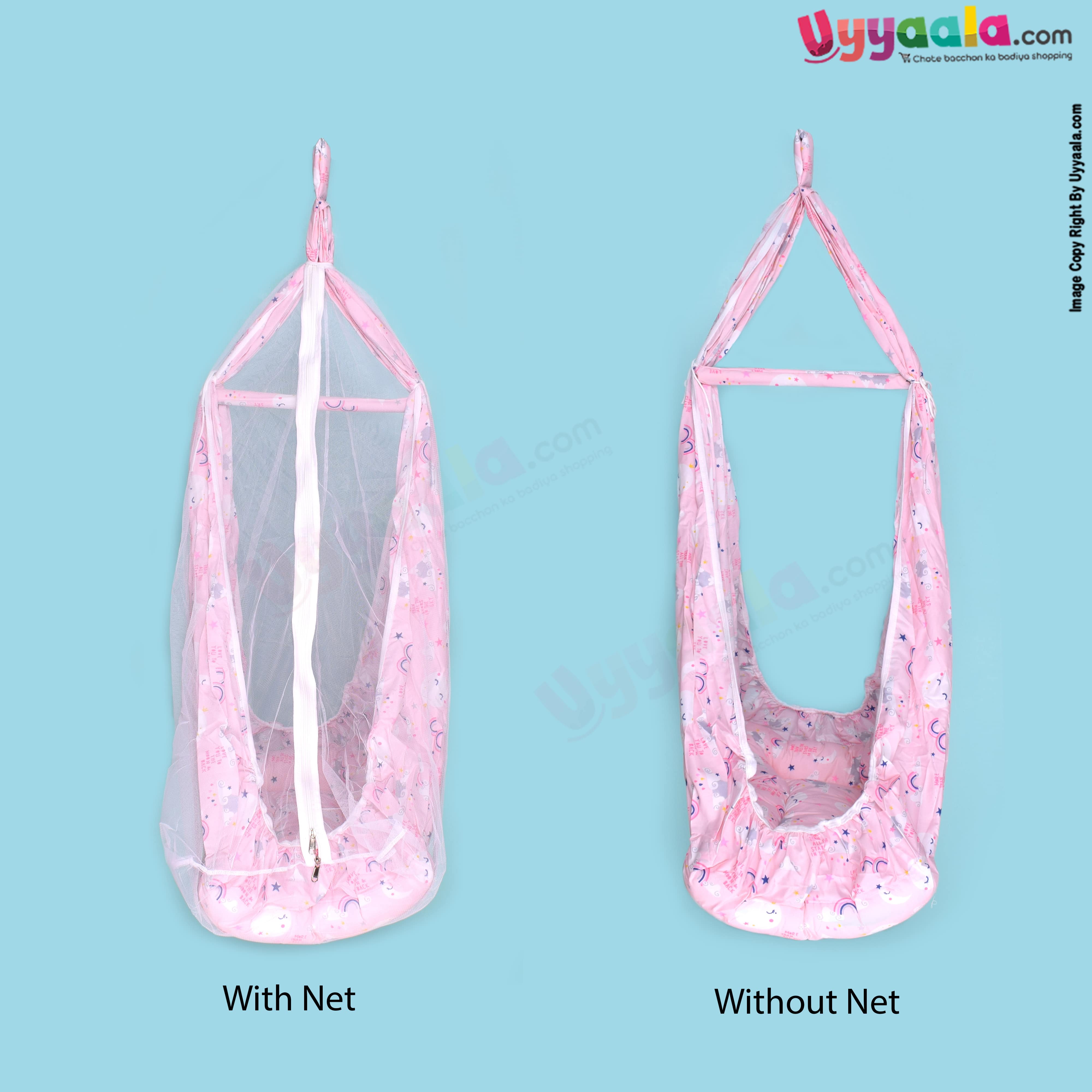 SNUG UP Baby Hanging cradle (Zola) Attached Bed With Mosquito Net Open Zip Model,Gray with Assorted Print, 0m+, (up to 12 kgs)