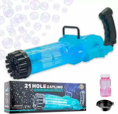 21 Hole Gatling Bubble Gun Toy with Liquid Bottle & Tray for Kids - 3+ Y age - Blue