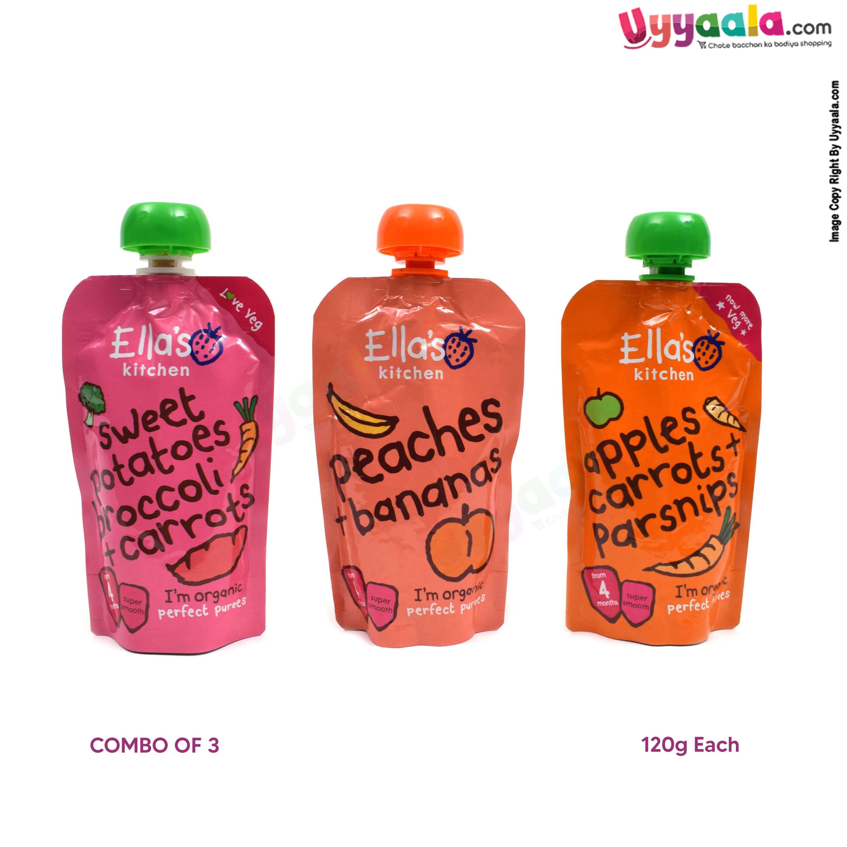 ELLA'S KITCHEN Peaches + bananas, apples carrots + parnships and sweet potatoes broccoli + carrots purees for babies, pack of 3(120g each) - 4 months +