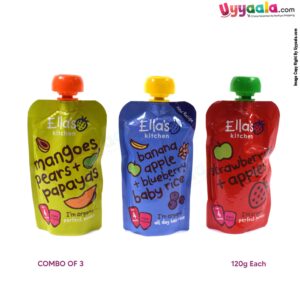 ELLA'S KITCHEN Mangoes pears + papayas, strawberries + apples and banana apple + blueberry baby rice purees for babies, pack of 3 (120g each) - 4months +