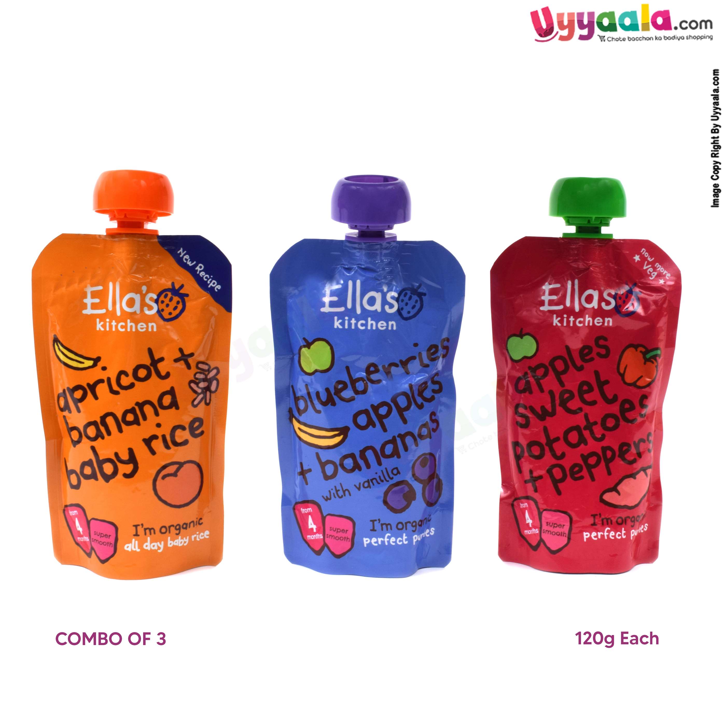 ELLA'S KITCHEN Apricot+ banana baby rice, apples sweet potatoes + peppers and blueberries apples + bananas with vanilla purees for babies, pack of 3(120g each) - 4 months +