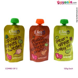 ELLA'S KITCHEN Pear+apple baby rice, spinach apples + swedes and squash carrots apple + prunes purees for babies, pack of 3(120g each) - 4 months +
