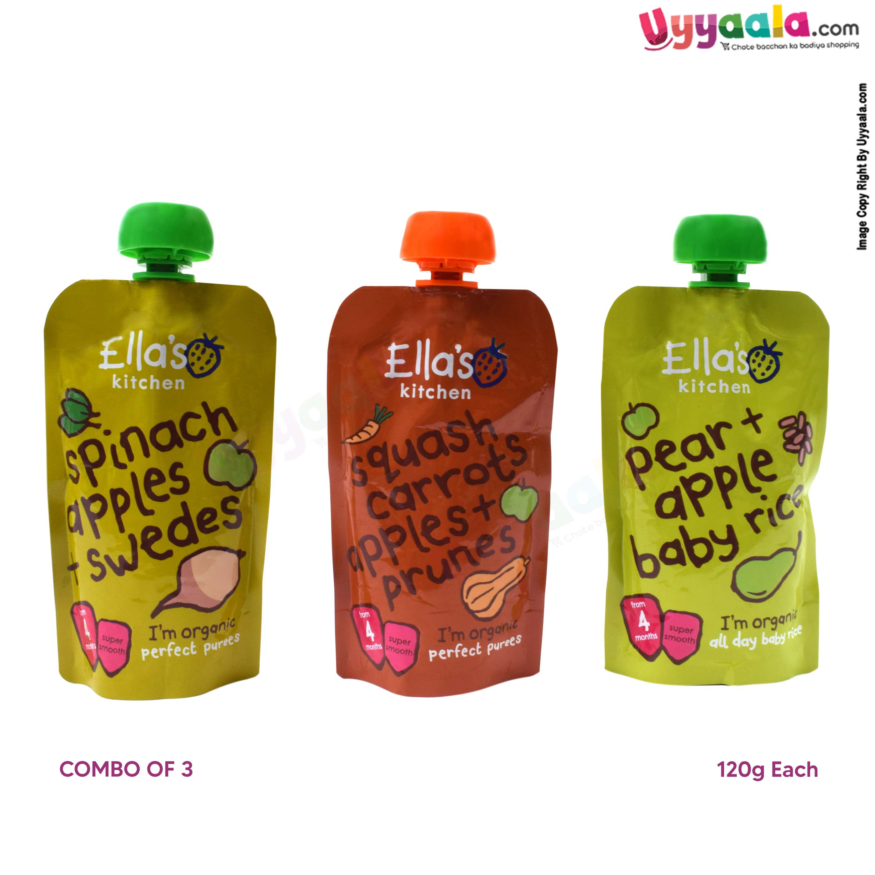ELLA'S KITCHEN Pear+apple baby rice, spinach apples + swedes and squash carrots apple + prunes purees for babies, pack of 3(120g each) - 4 months +