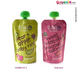 ELLA'S KITCHEN Pear + apple baby rice and sweet potatoes broccoli + carrots purees for babies, pack of 2(120g each) - 4 months +