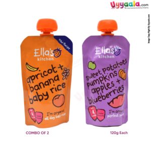 ELLA'S KITCHEN Apricot + banana baby rice and sweet potatoes pumpkins apples + blueberries purees for babies, pack of 2(120g each) - 4 months +