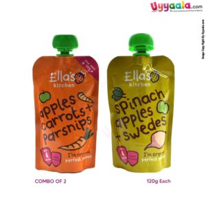 ELLA'S KITCHEN Spinach apples + swedes and apples carrots + parships purees for babies, pack of 2(120g each) - 4 months +