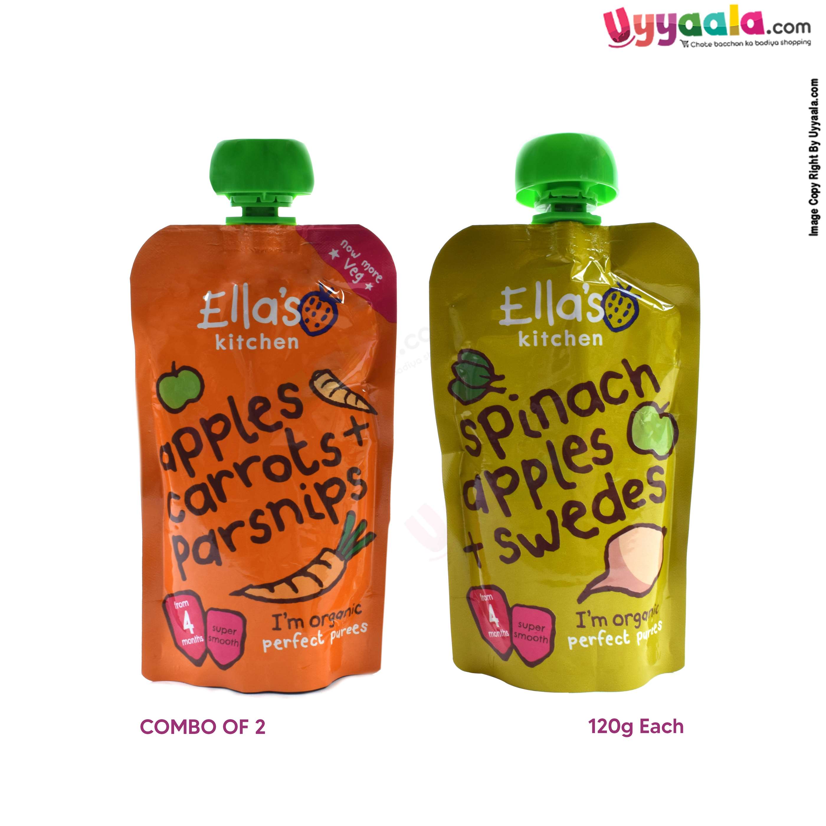 ELLA'S KITCHEN Spinach apples + swedes and apples carrots + parships purees for babies, pack of 2(120g each) - 4 months +