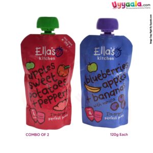 ELLA'S KITCHEN Apples sweet potatoes + peppers and blueberries apples + bananas with vannila purees for babies, pack of 2(120g each) - 4 months +