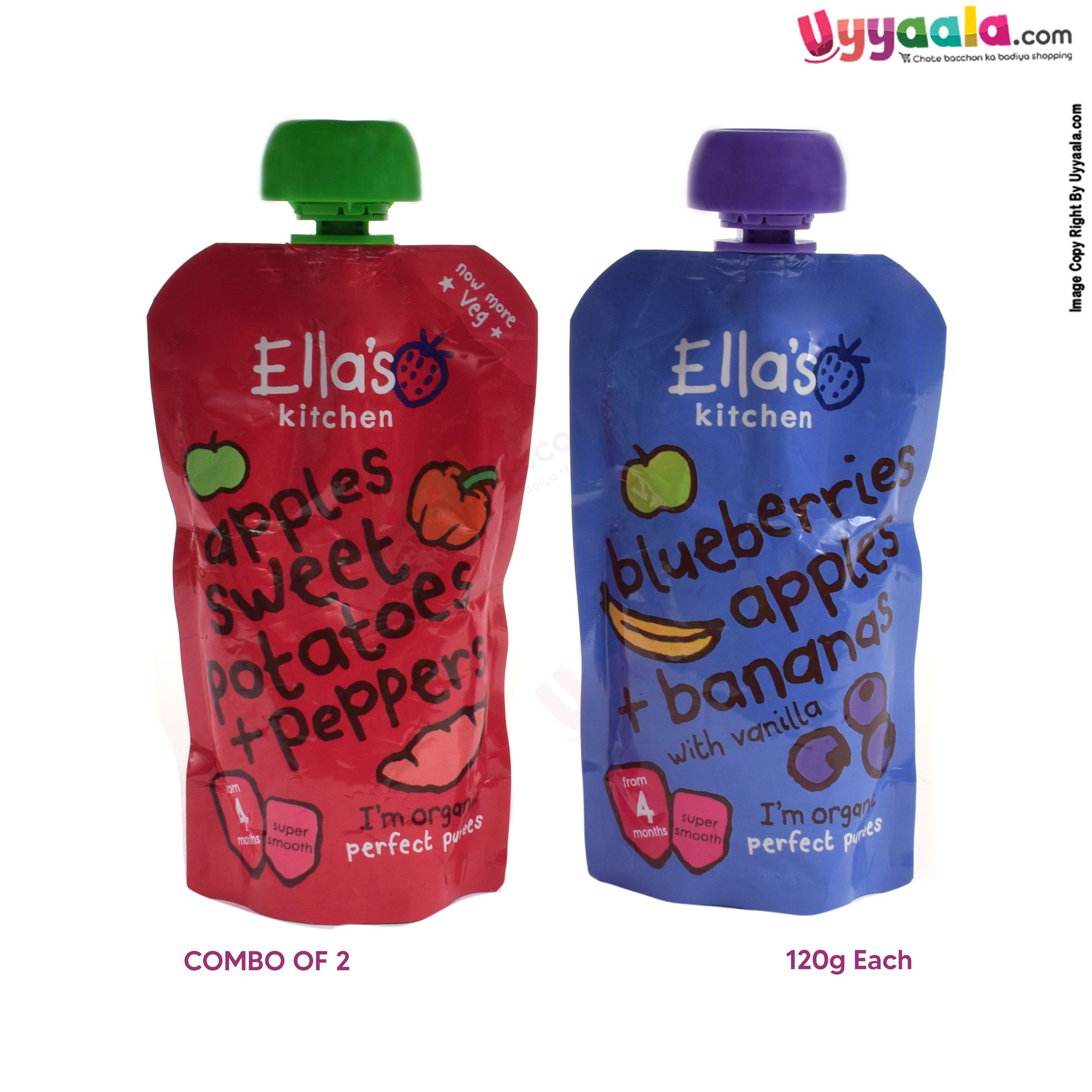 ELLA'S KITCHEN Apples sweet potatoes + peppers and blueberries apples + bananas with vannila purees for babies, pack of 2(120g each) - 4 months +