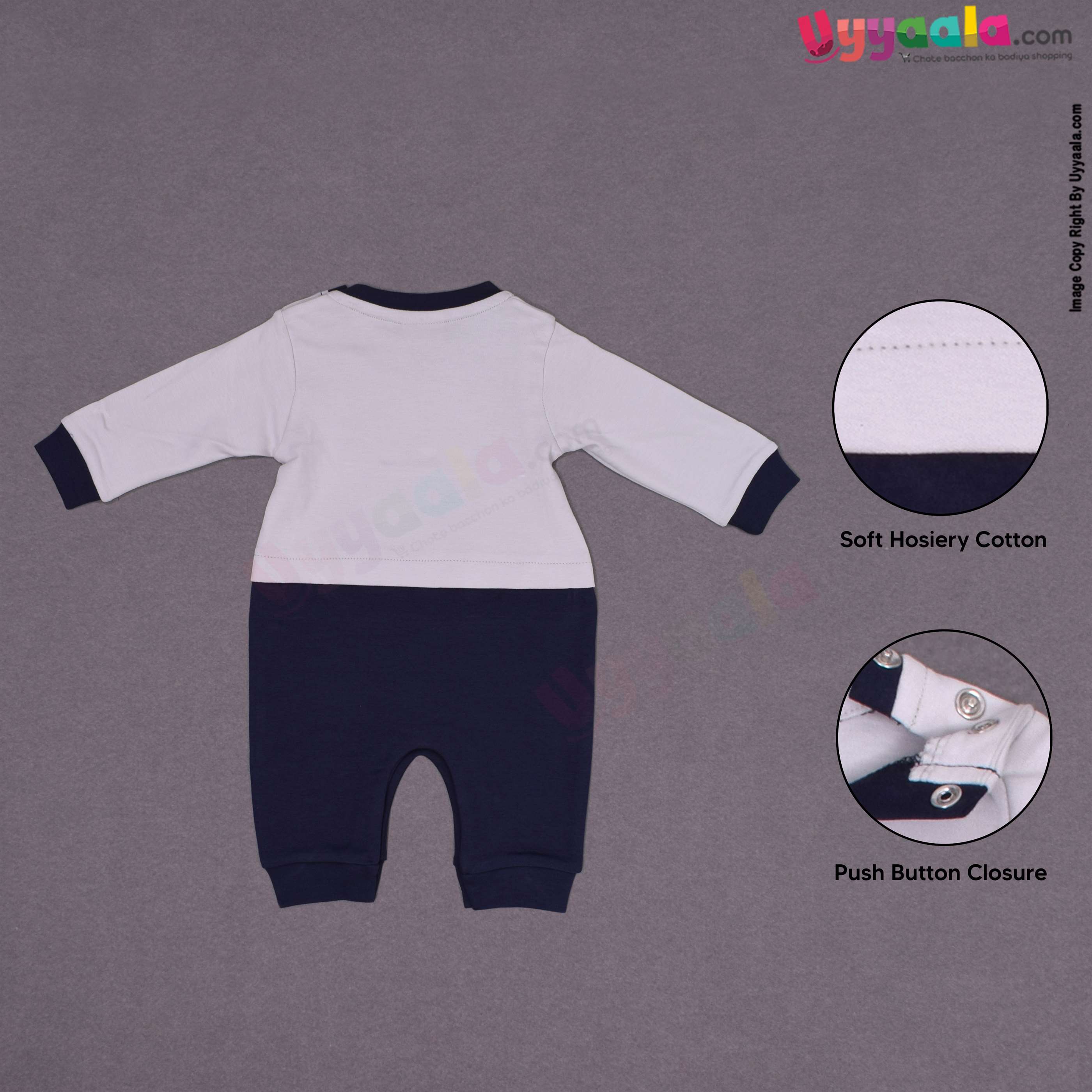 WONDER CHILD Full romper with full sleeves for new born, cotton - grey & navy blue, new born