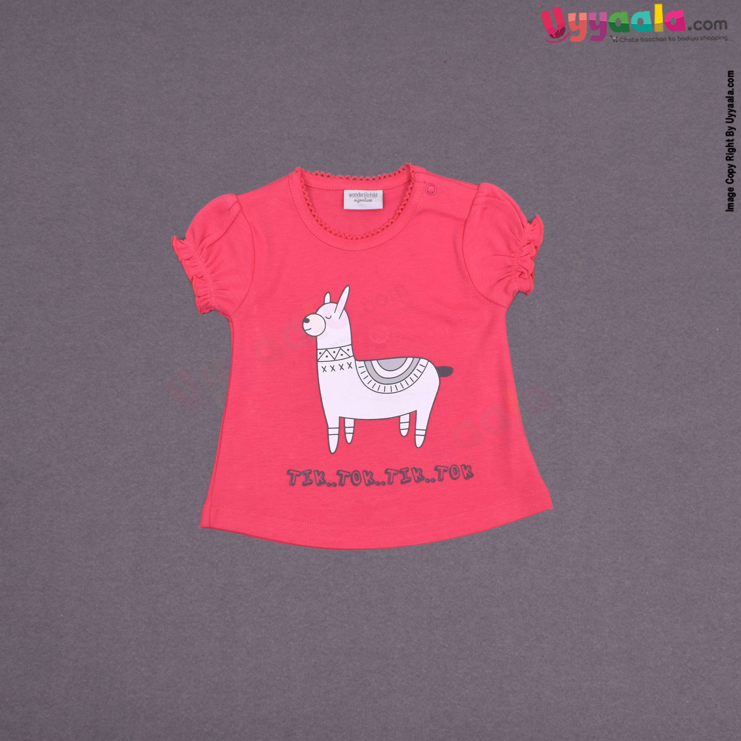 WONDER CHILD Party wear t shirt and short dress set for baby girl with animal and text print- pink & navy blue