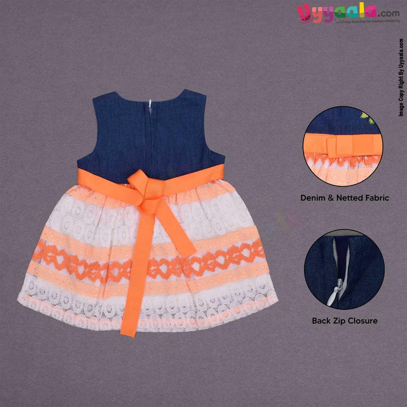 YELLOW DUCK Cotton sleeveless party wear frock for baby girl, back open zip model with belt- navy blue & orange