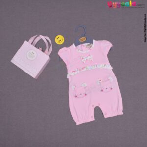 WONDER CHILD Party wear half romper for baby girl with bow patch and two pockets- Pink