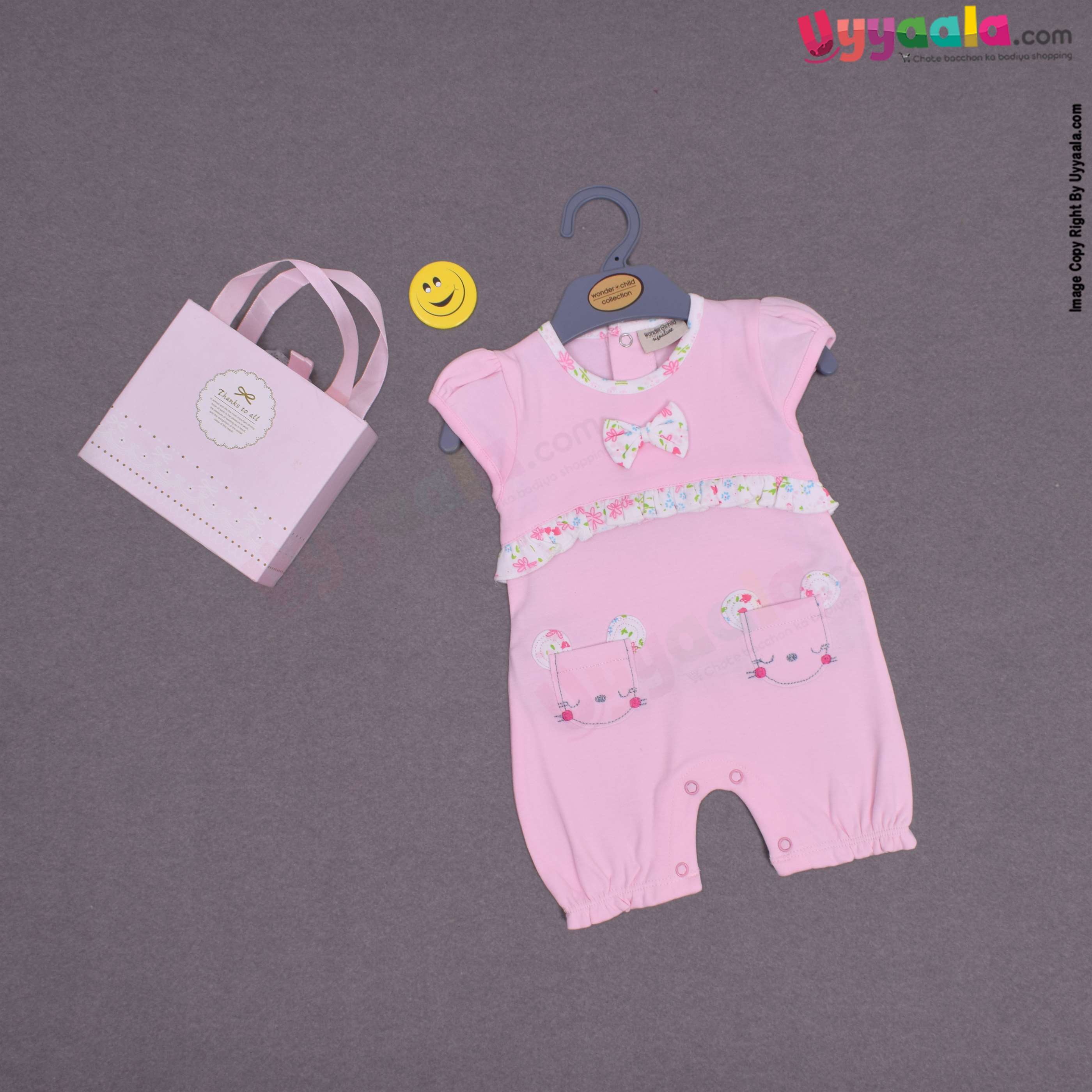 WONDER CHILD Party wear half romper for baby girl with bow patch and two pockets- Pink