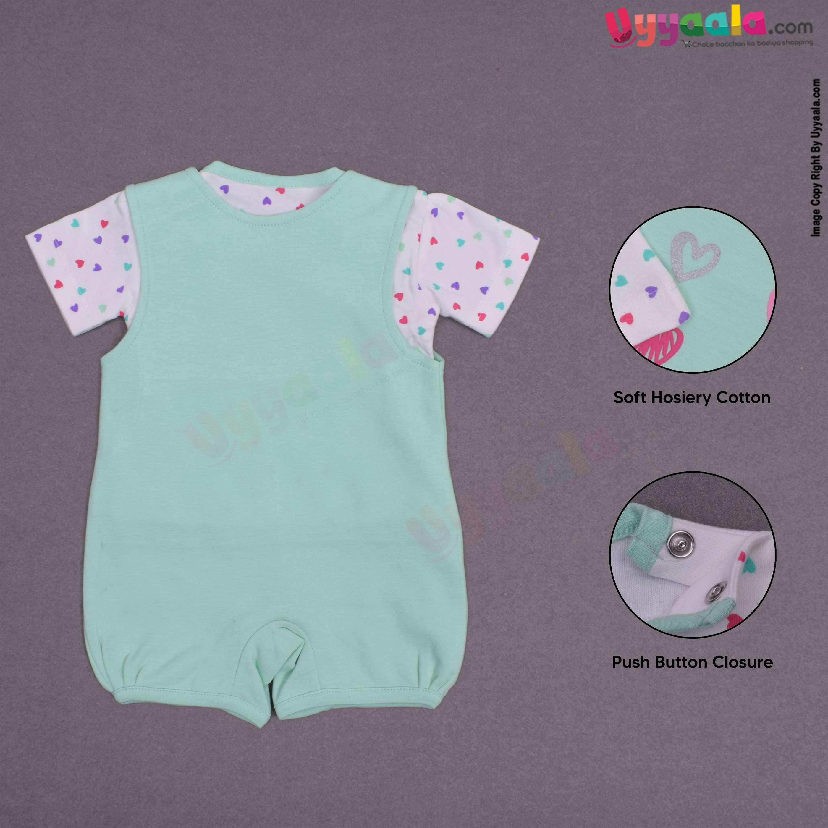 WONDER CHILD Party wear half romper for baby girl with text and love prints- white and green