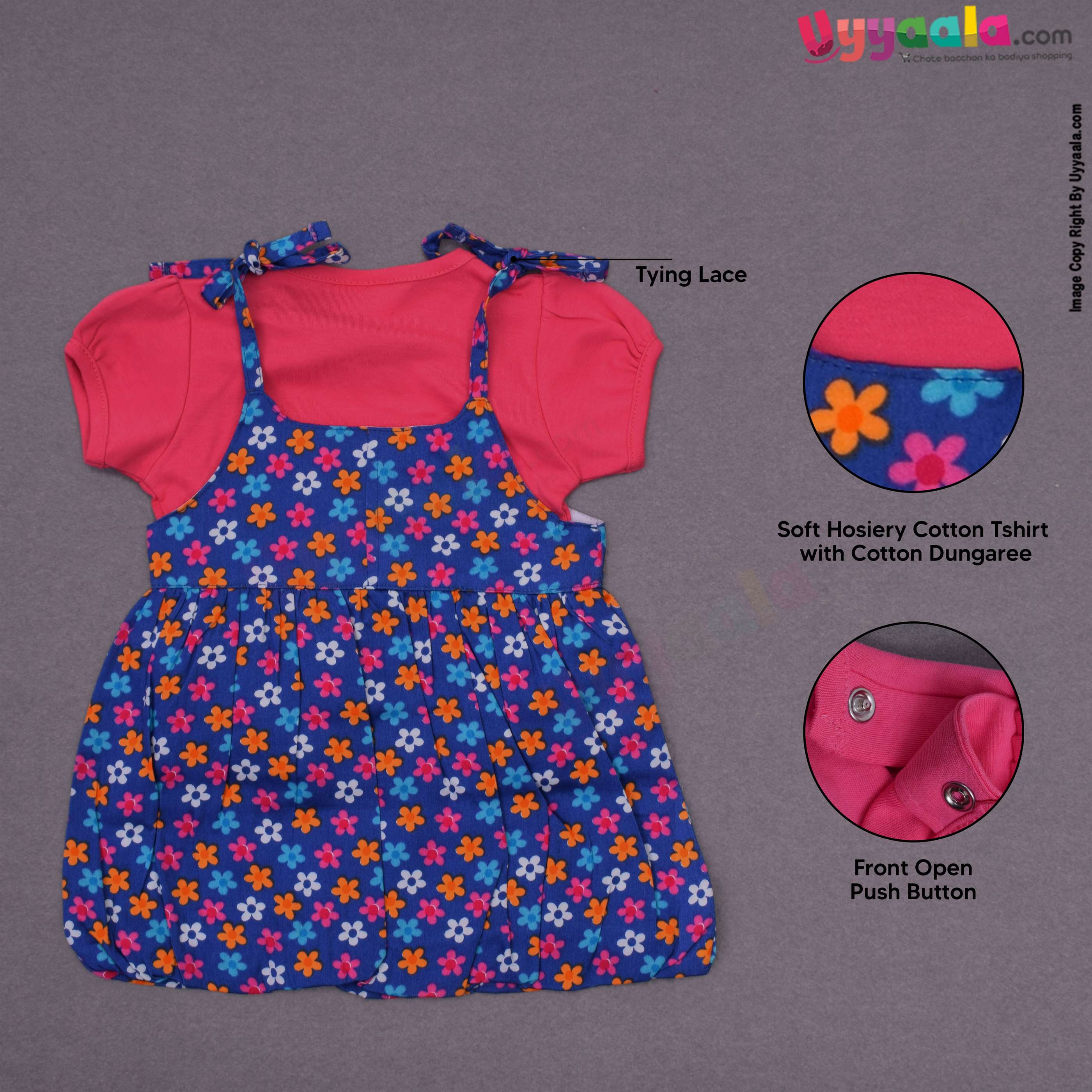 WONDER CHILD Party wear dungaree for baby girl with floral print- pink and navy blue