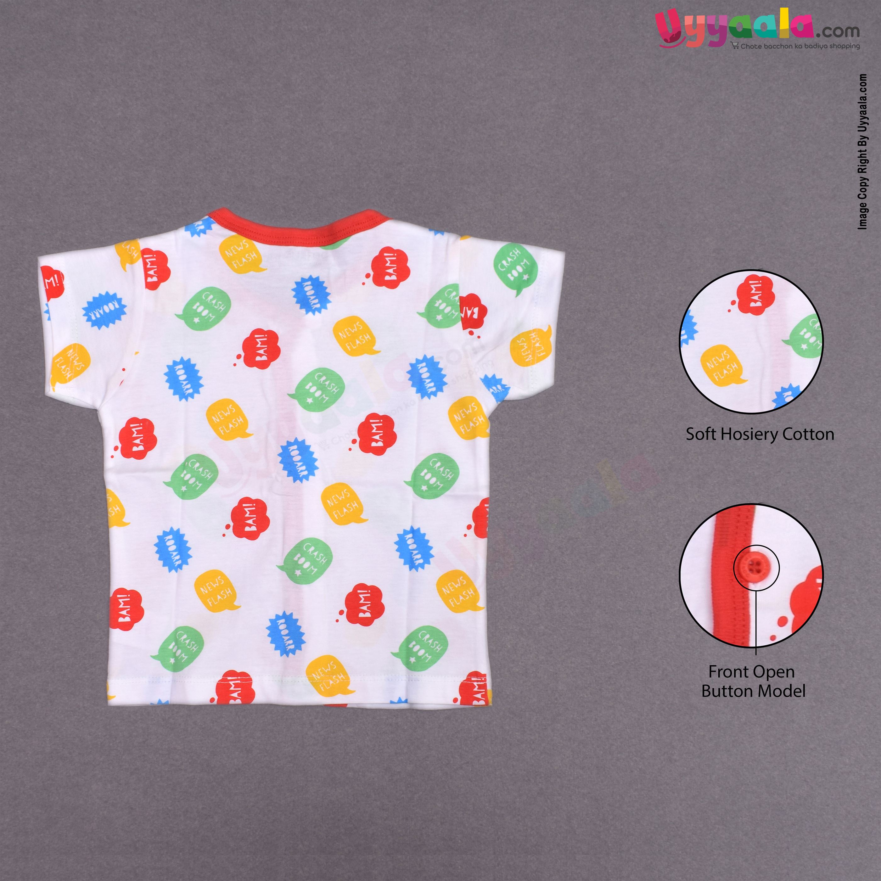 Doreme half sleeve front open jabla, hosiery cotton - white with assorted text print