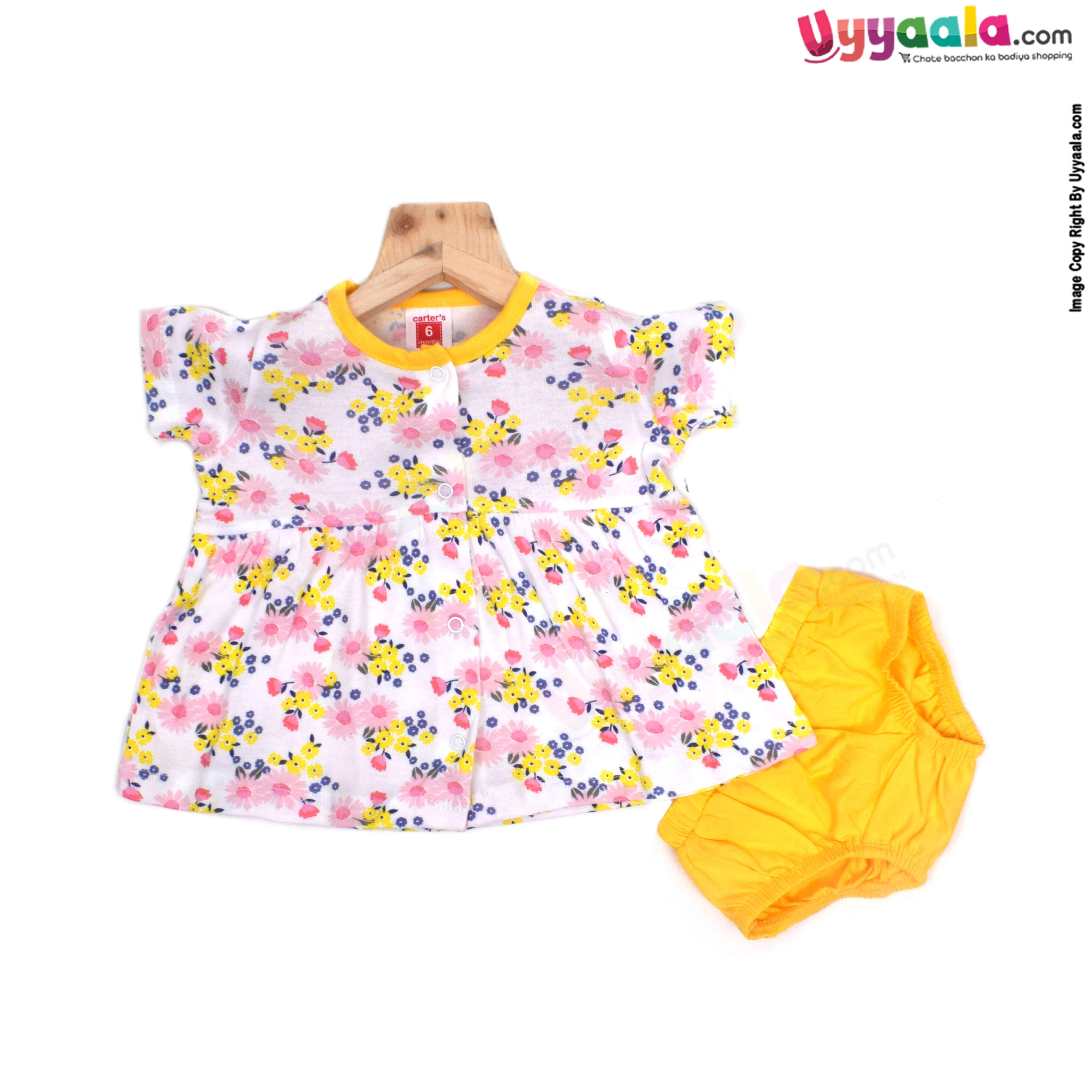 SNUG UP Baby 100% Premium Quality Hoisery Sleeve less Newborn Front open Button model Frock with Bloomer Flowers Print, Yellow