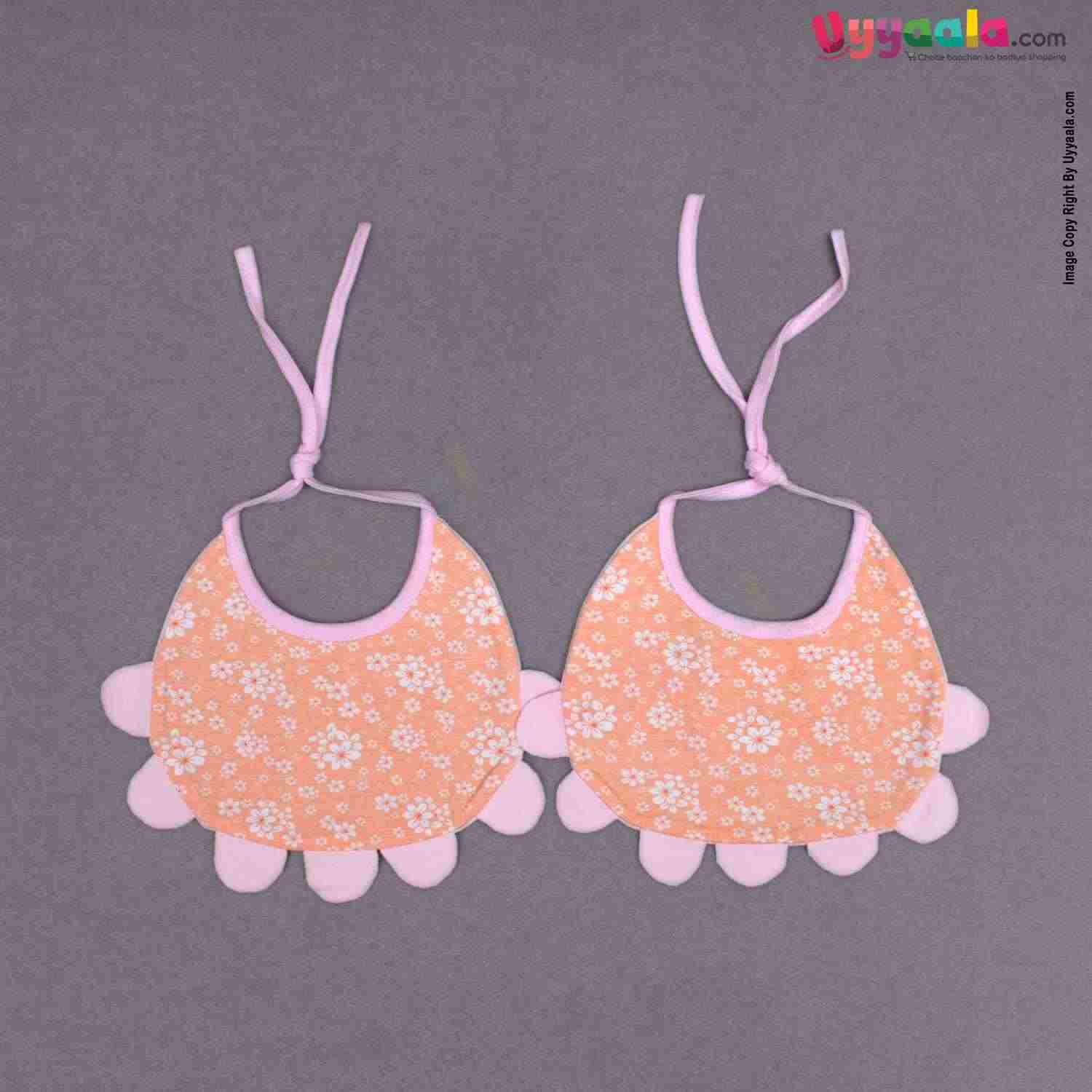 Baby Bib Soft Cotton Hosiery with Cute Sleeping Kitty Print Pack of 2, Size(17*23cm)-White & Pink