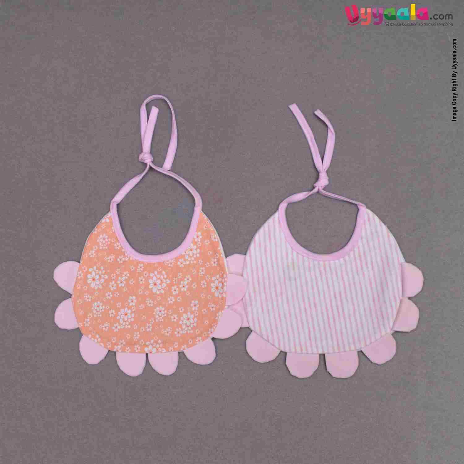 Baby Bib Soft Cotton Hosiery with Cute Kitty Print Pack of 2, Size(17*23cm)-White & Pink