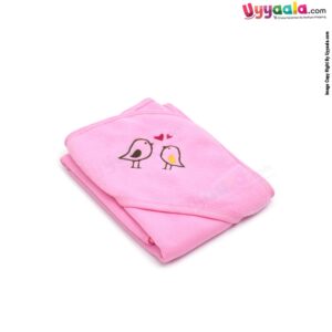 QUICK DRY Baby Hooded Towel Fleece Fabric with Birds Print 0+m Age, Size (70*70 Cm) - Pink