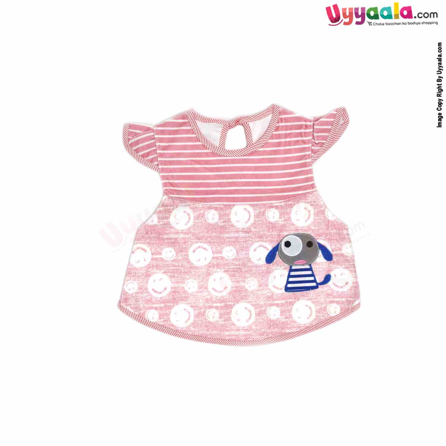 Baby Feeding Bib with one side Velvet & other side PVC Coating, Back Tieing Frock Model, Smiley Print, 1-2Y Age