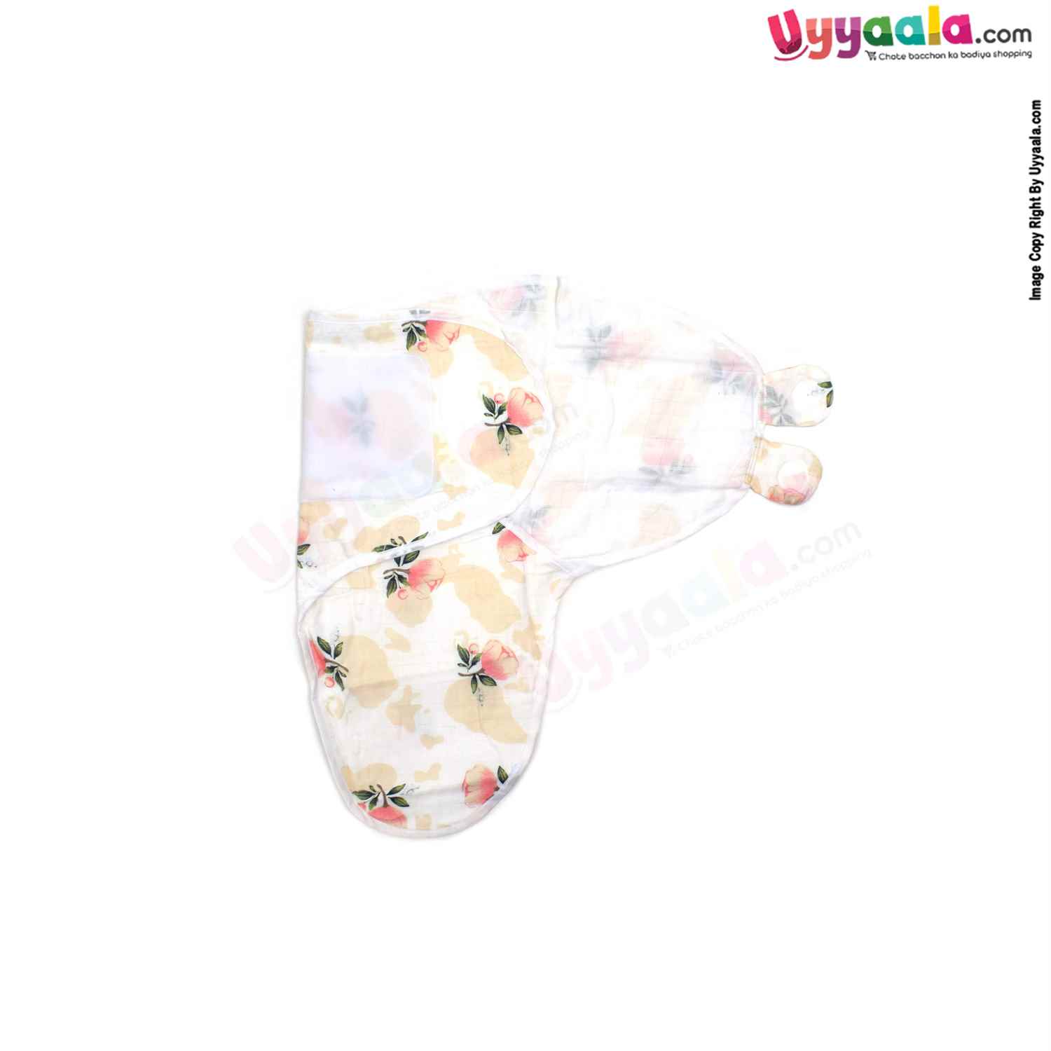 BANANA BABY double Layered Muslin Cotton Swaddle Adjustable Wrapper with Floral Print for Babies 0+12m Age, Size(74*57cm)-White