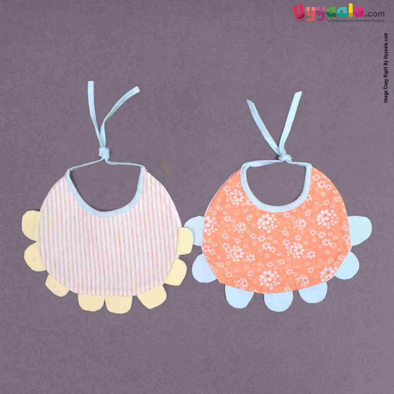 Baby Bib Soft Cotton Hosiery with Cute Kitty Print Pack of 2, Size(17*23cm)-White & Light Blue