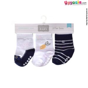 HUDSON BABY Stretchable & Non Skid Socks 3p Set with Multi Print, 0-6 m Age- Navy Blue & White