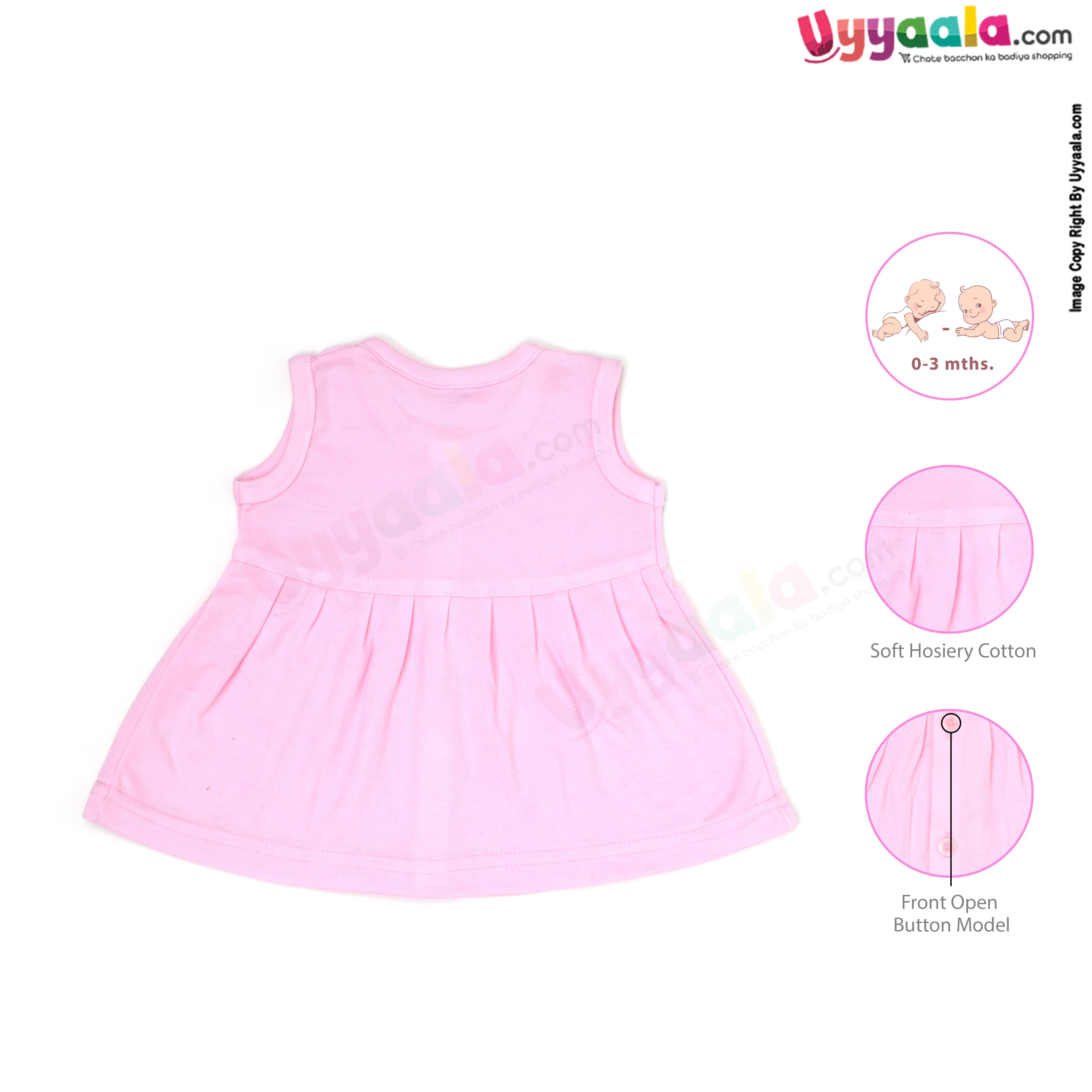 MOMMAS Sleeveless Baby Frock, Front Opening Button Model, Premium Quality Cotton Baby Wear, (3-6M)