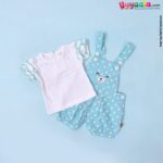 WOW, Branded Short Sleeves Dungaree Front open Button Model Soft Hosiery Cotton, Bear Patch Dotted Print - White & Light Green
