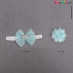 LION BEAR Glittery headwrap, flower bow clip & booties set (3 pcs) for babies - green with ash glittery crown patch