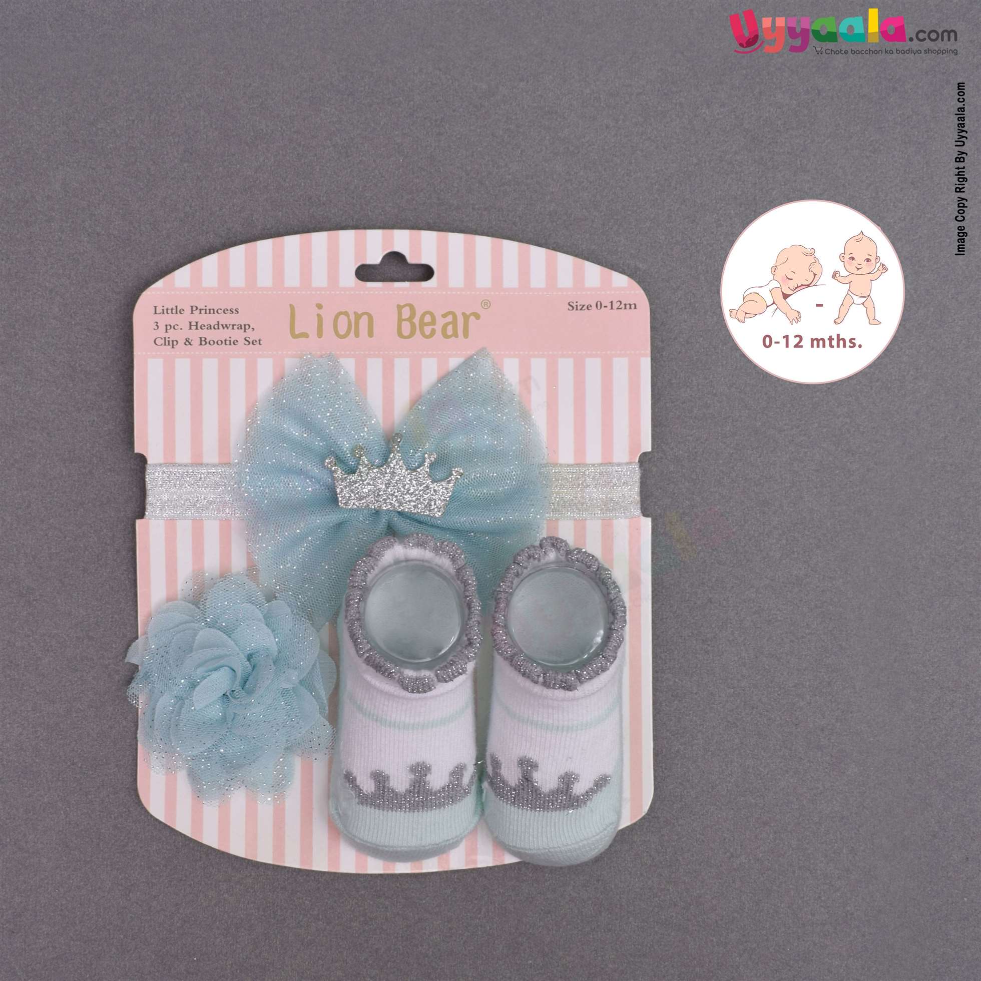 Glittery headwrap, flower bow clip & booties set for babie