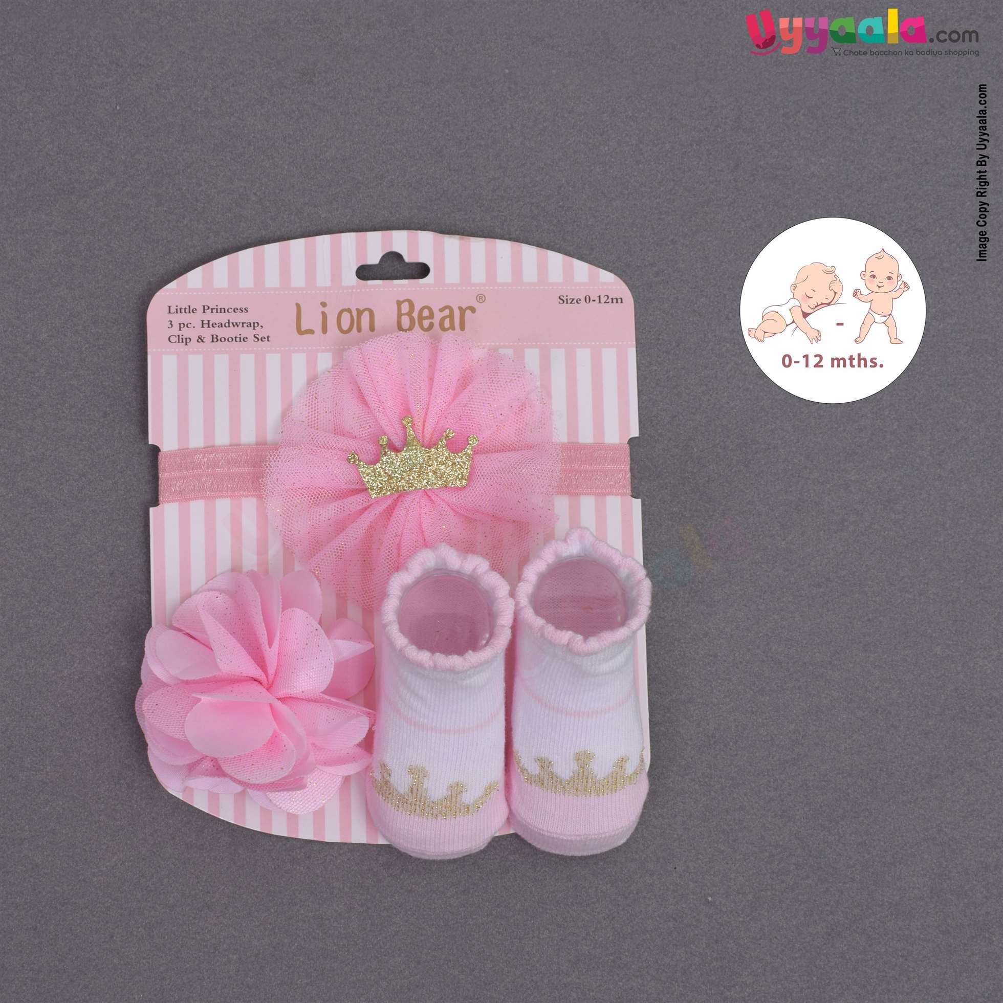 Glittery headwrap, flower bow clip & booties set for babie
