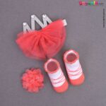 LION BEAR Glittery headwrap, flower bow clip & booties set (3 pcs) for babies - pink with glittery crown patch, 0 - 12 m