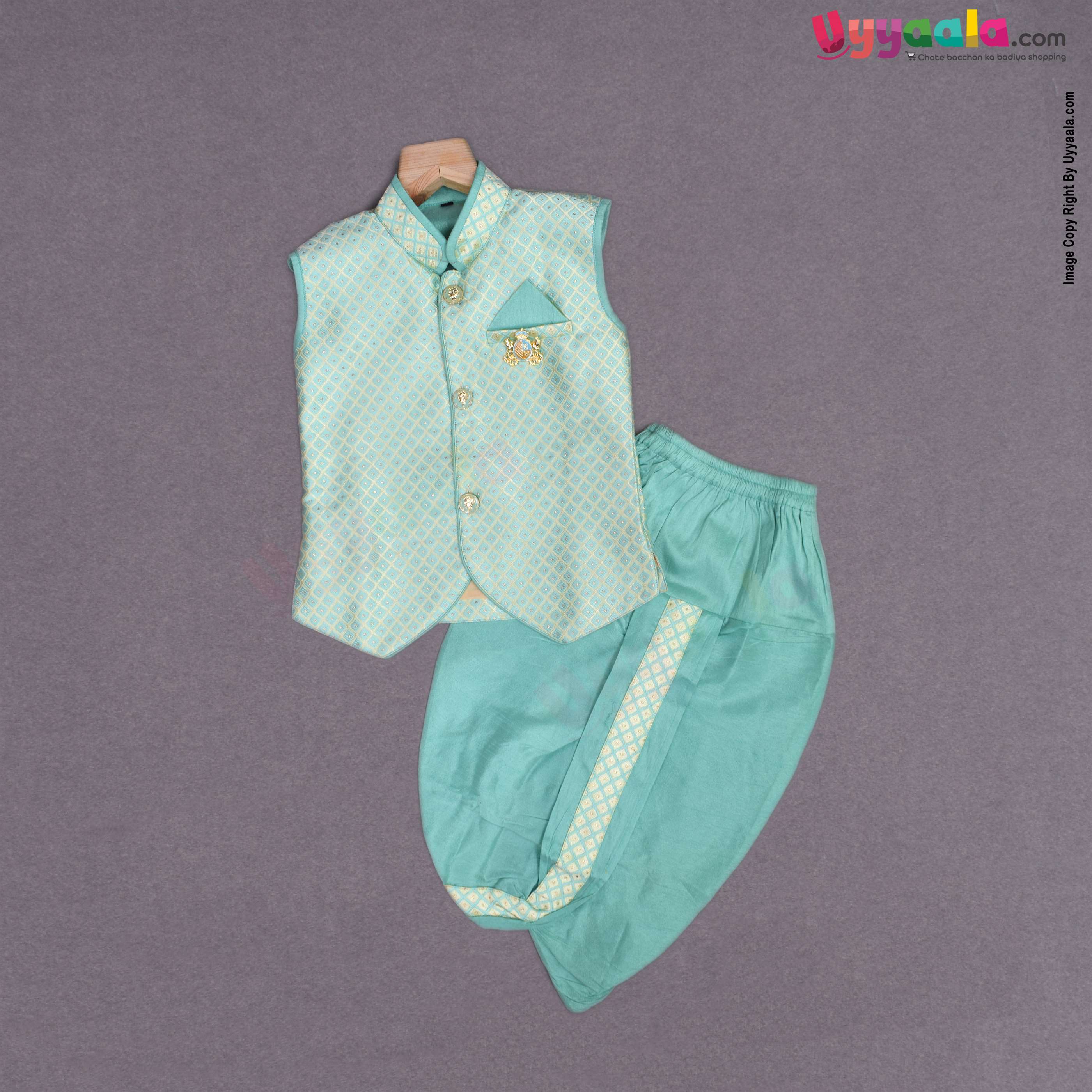 KUTE KIDS Ethnic wear full sleeves printed kurta & dothi set, poly-blend cotton for baby boys (12 - 18 m) - sea green & cream