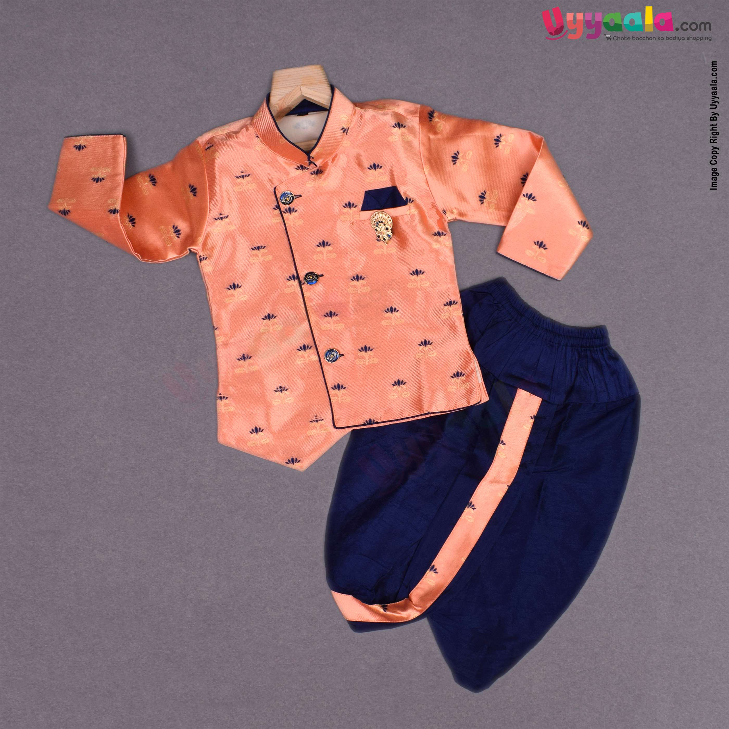 KUTE KIDS Ethnic wear full sleeves printed kurta & dothi set, poly-blend cotton for baby boys (12 - 18 m) - light orange & navy blue
