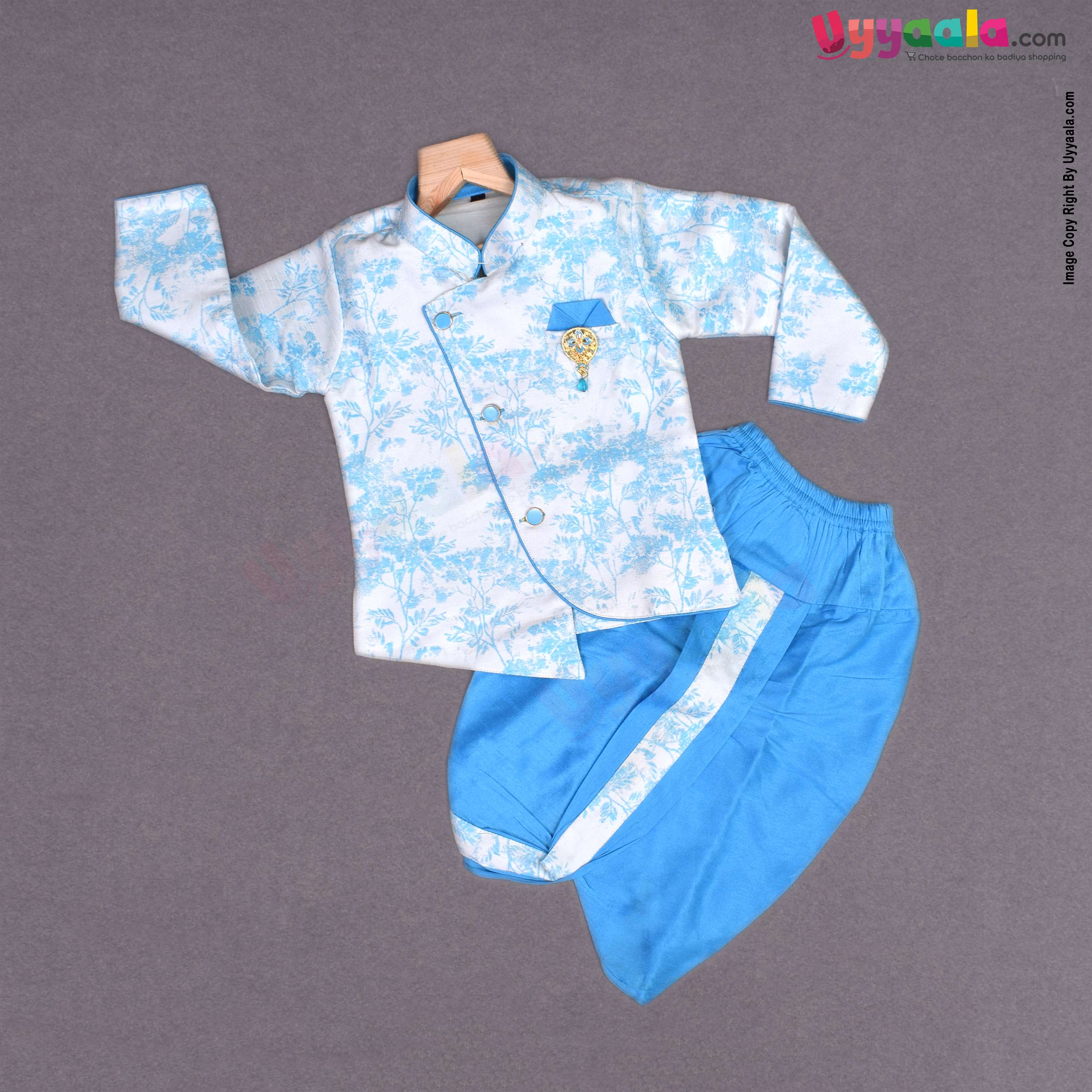 KUTE KIDS Ethnic wear full sleevess printed kurta & dothi set, poly-blend cotton for baby boys (12 - 18 m) - light blue & white