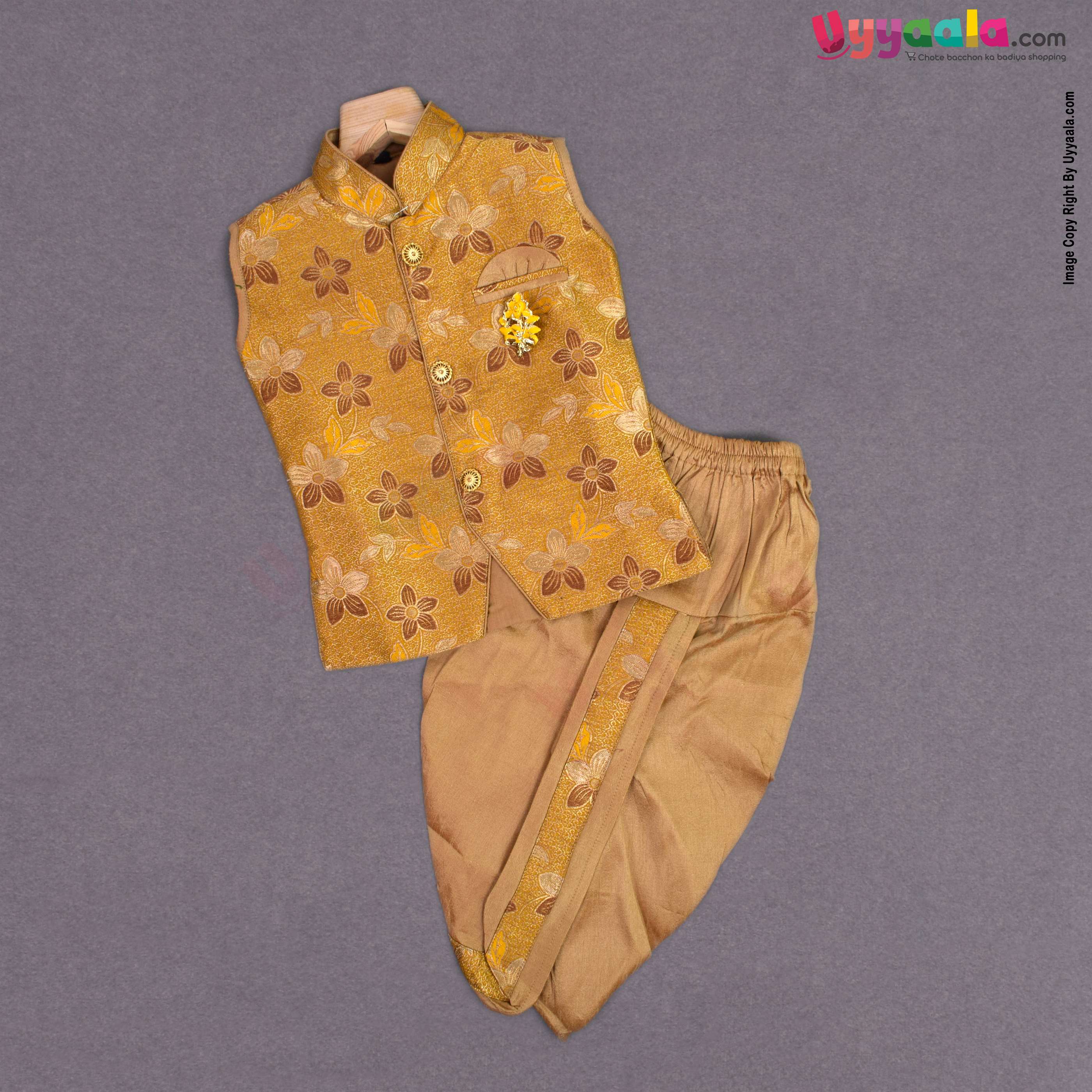 KUTE KIDS Ethnic wear full sleevess printed kurta & dothi set, poly-blend cotton for baby boys (12 - 18 m) - yellow & gold