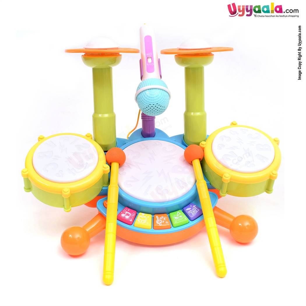Drum set battery operated toy with adjustable microphone, music & lights for kids - 3 + years