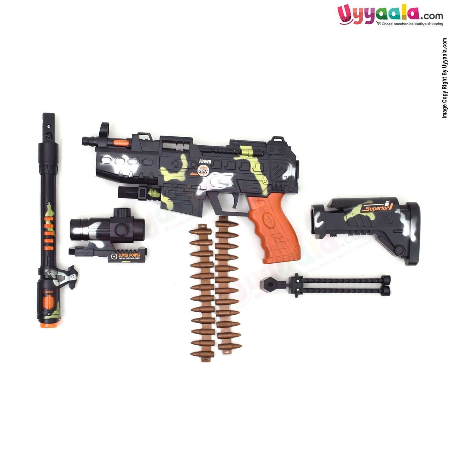 Battery operated machine gun with triggering sound effect